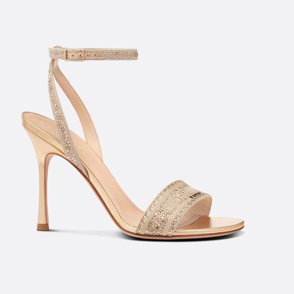 Dior Dway Heeled Sandal Gold-Tone Cotton Embroidered with Metallic Thread - Picture 14 of 15